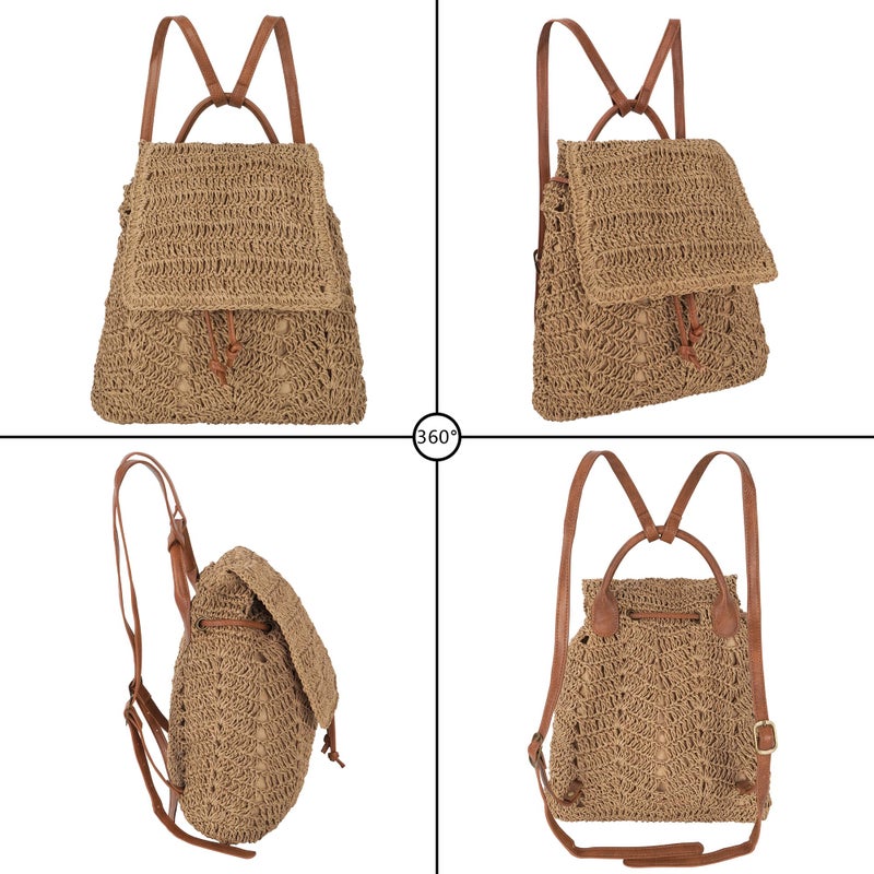 Monique Women Medium Straw Handmade Woven Backpack Flap Drawstring Shoulders Bag Beach Daypack - Image 3